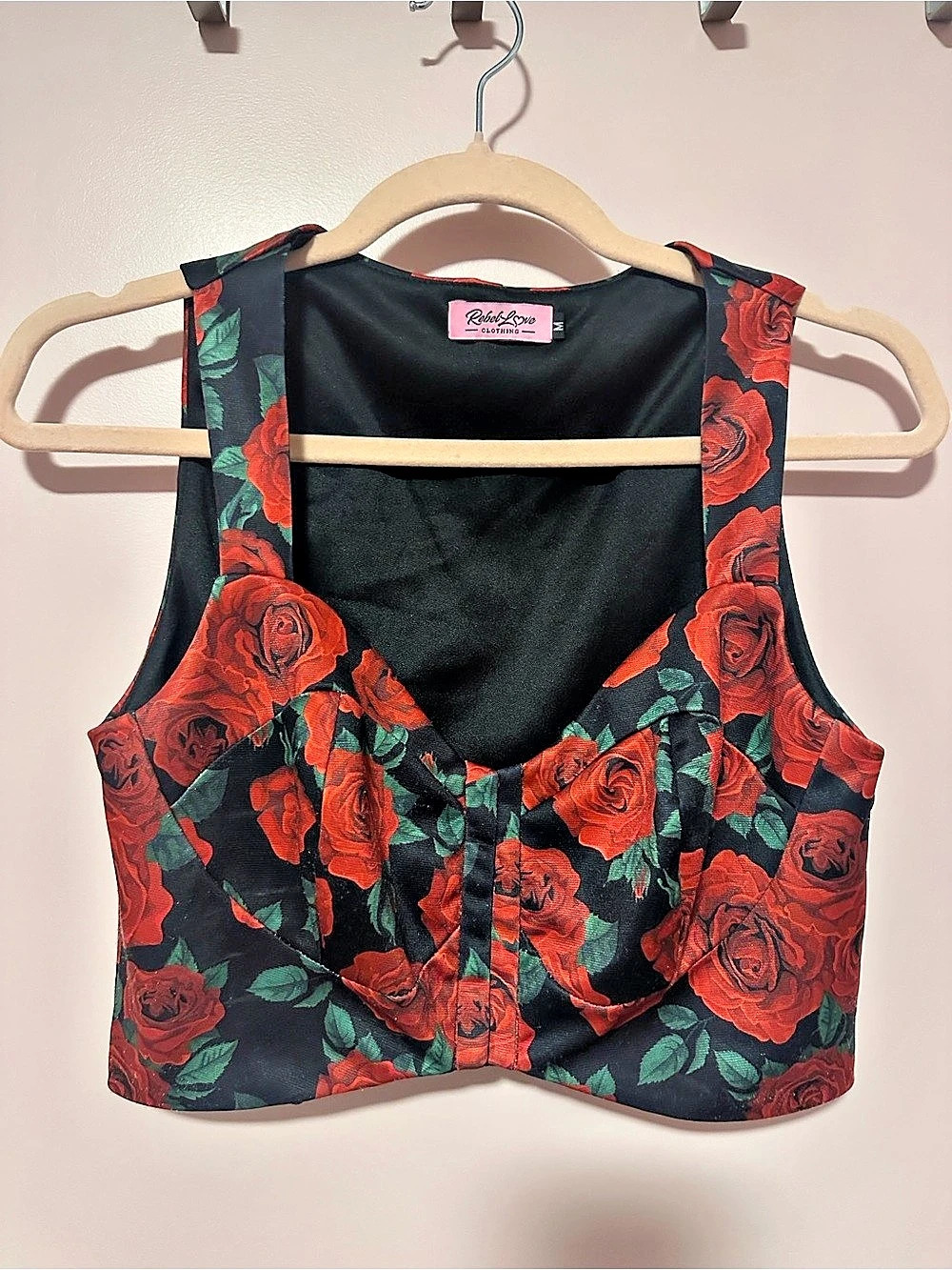 Rebel Love Clothing Floral Rose Crop Top in Black & Red Medium